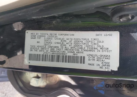 2003 Toyota 4Runner Sr5 V8 z USA, uszkodzony, nr VIN JTEZT14R430009667